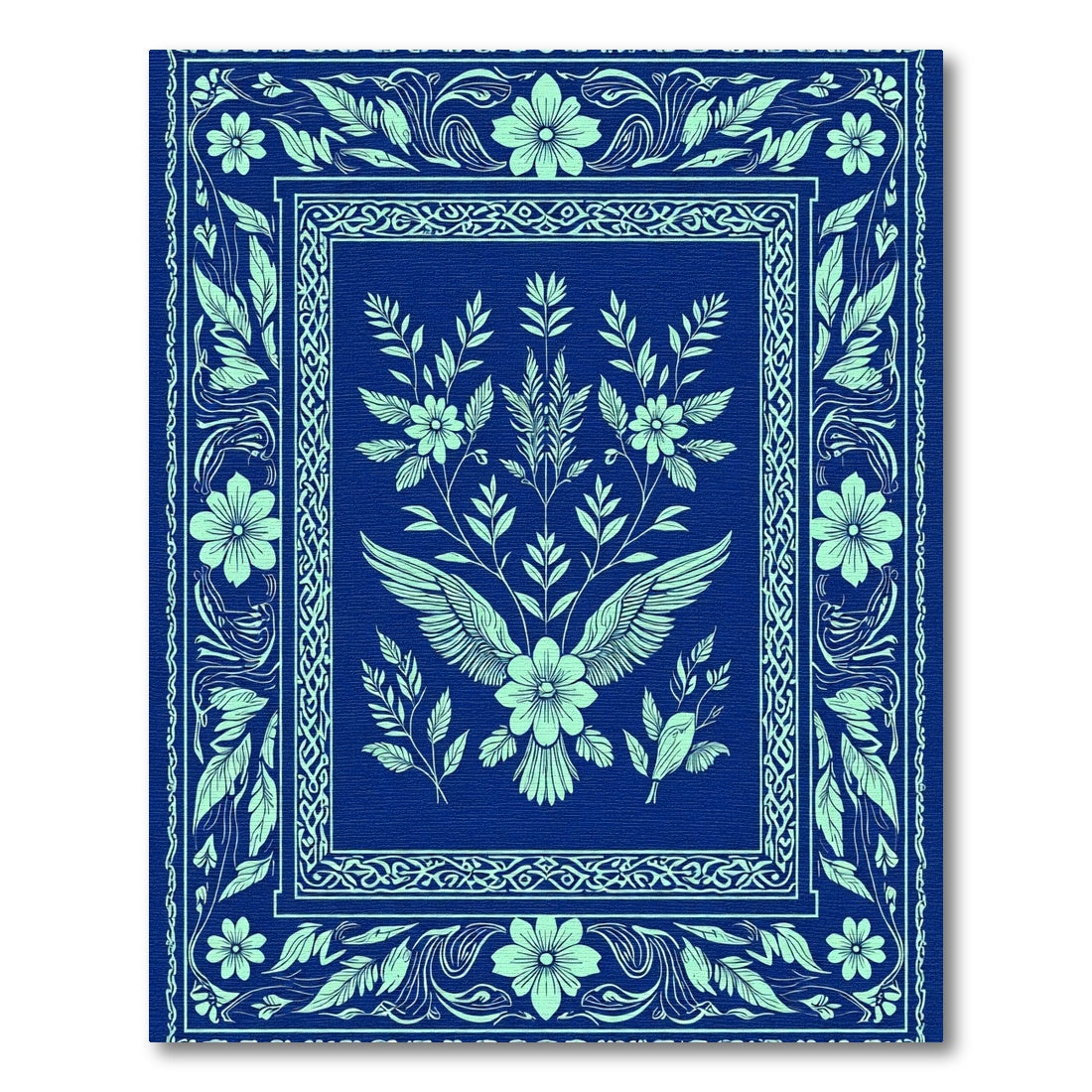 Navy Blue Teal Floral Bird Crest Rug