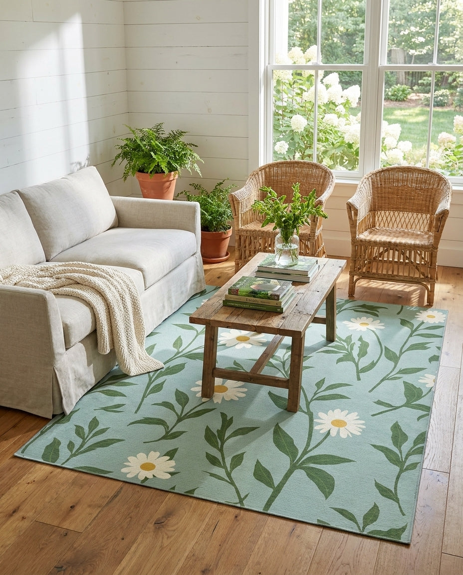 Ivory Daisy Vine Pattern Green Rug