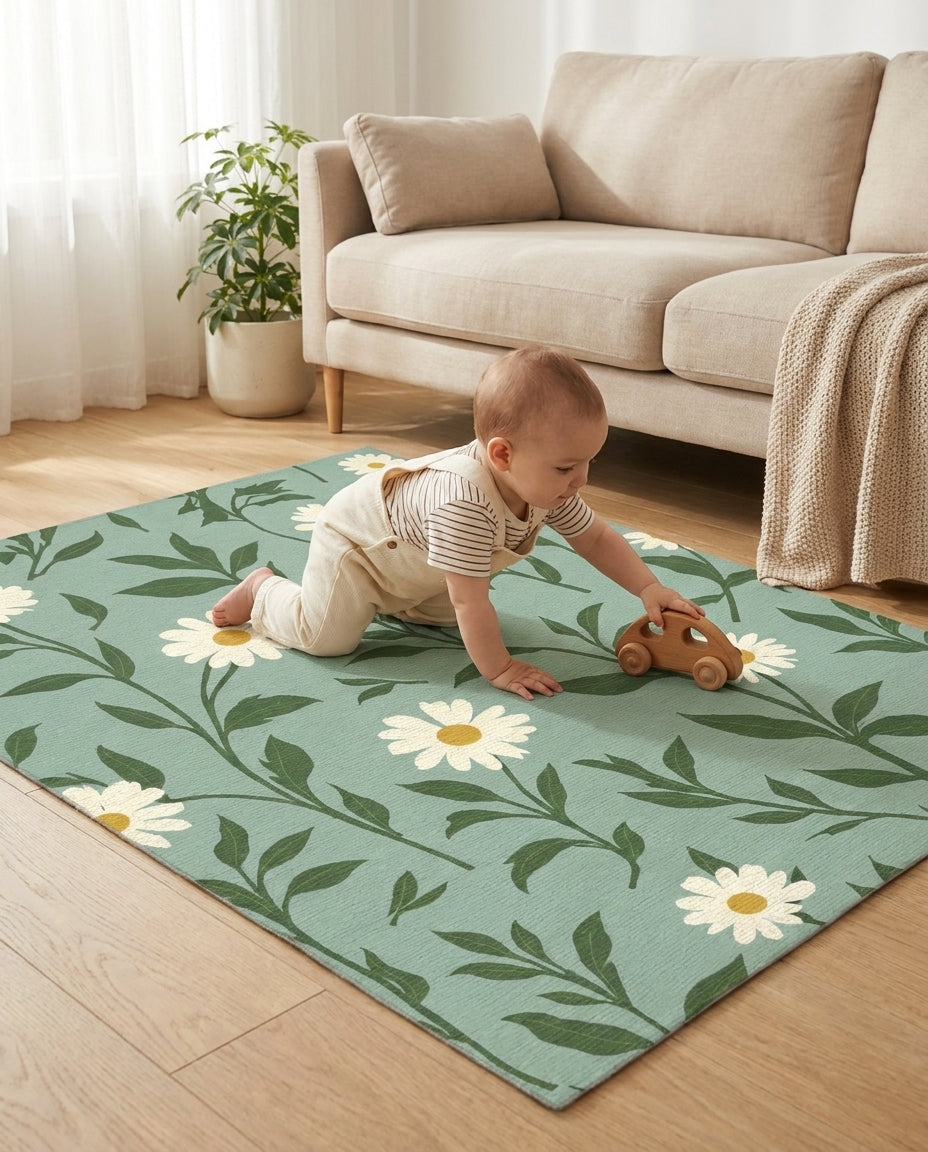 Ivory Daisy Vine Pattern Green Rug