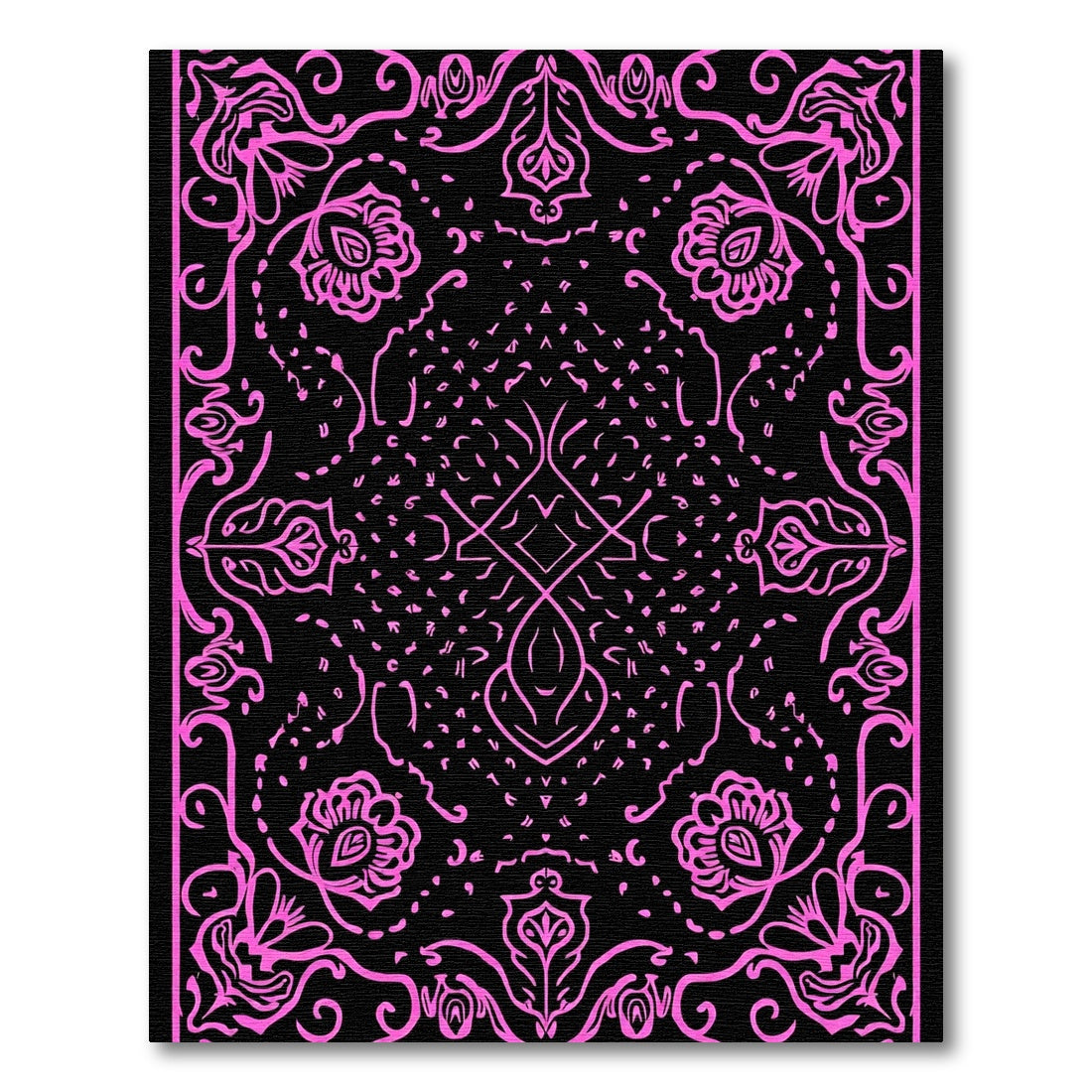 Vibrant Pink Floral Medallion Black Rug