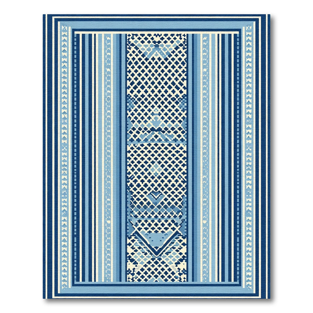 Geometric Blue Striped Central Medallion Rug