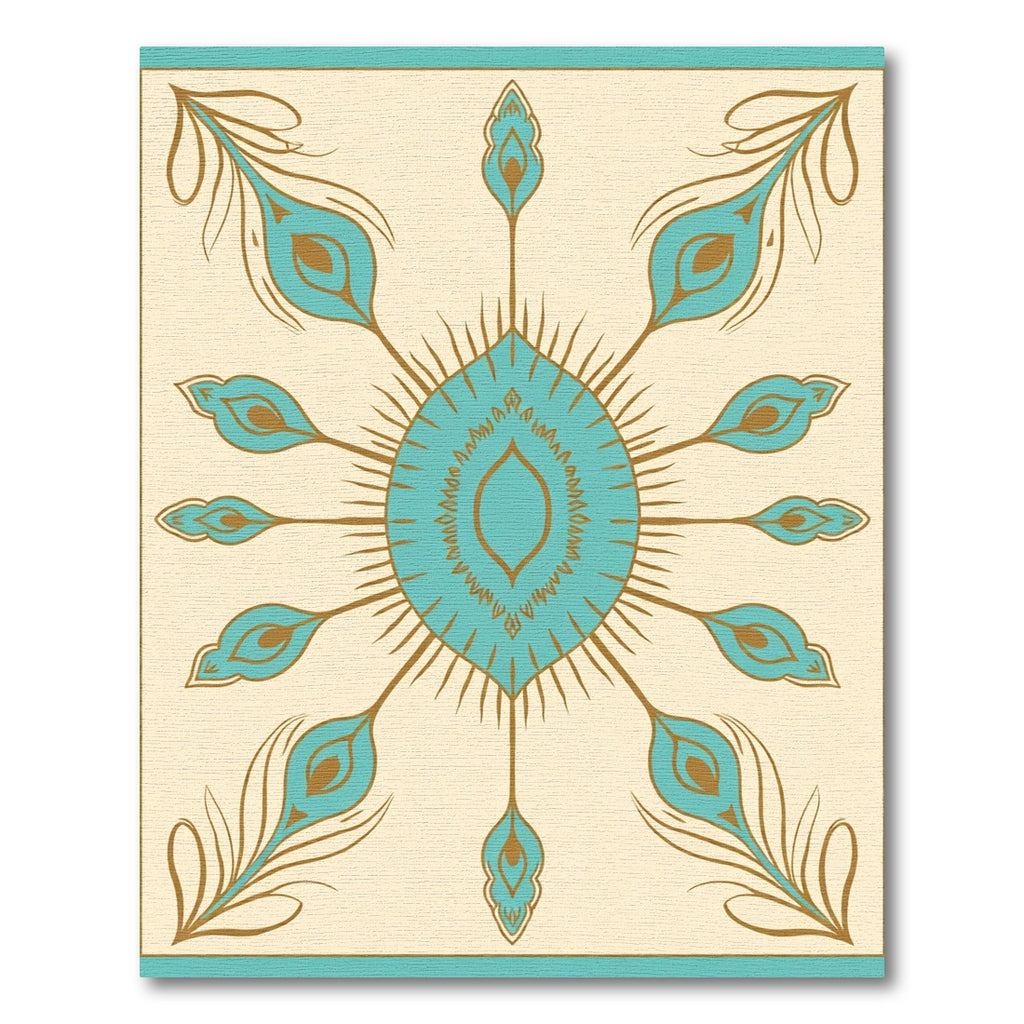 Turquoise Gold Peacock Feather Mandala Rug