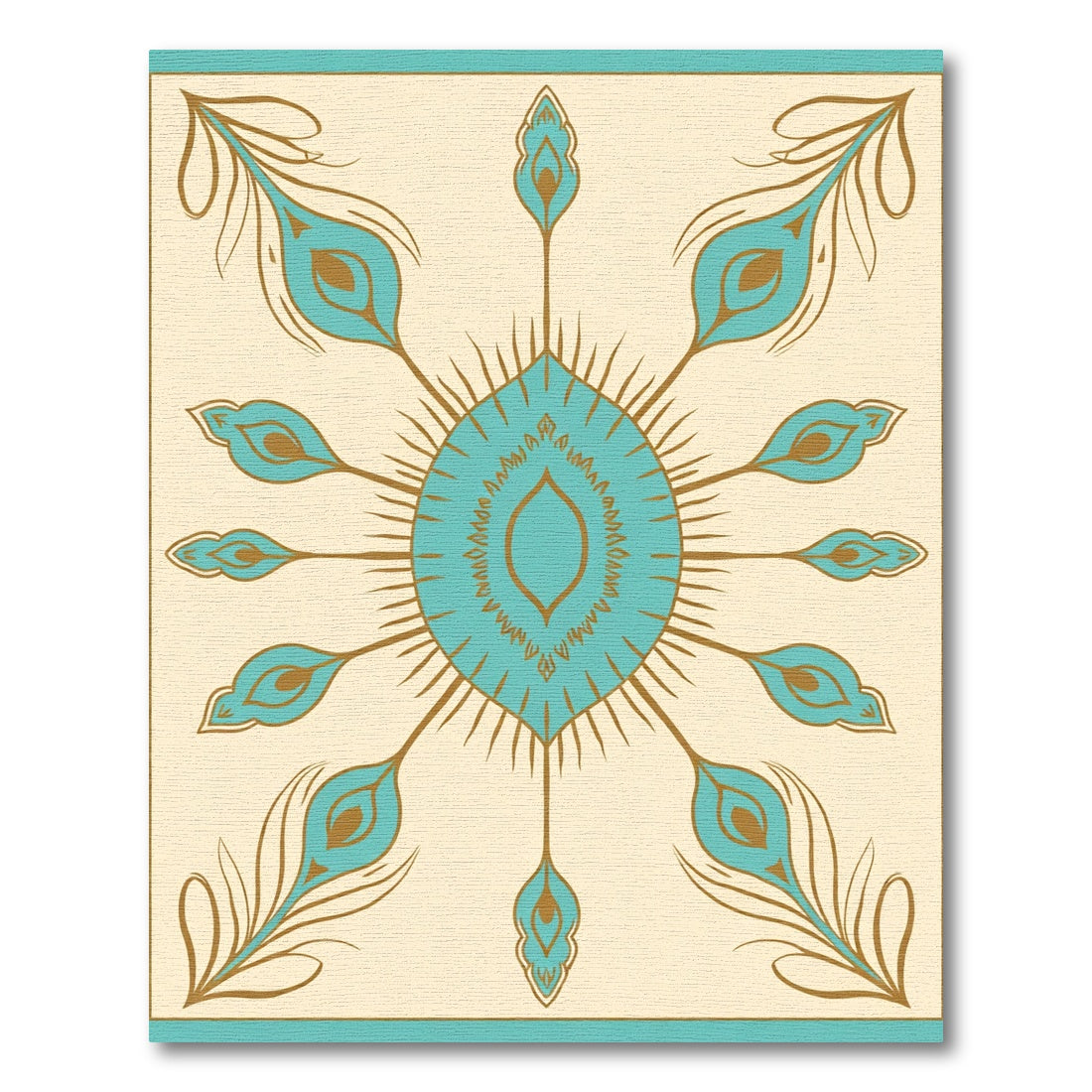Turquoise Gold Peacock Feather Mandala Rug
