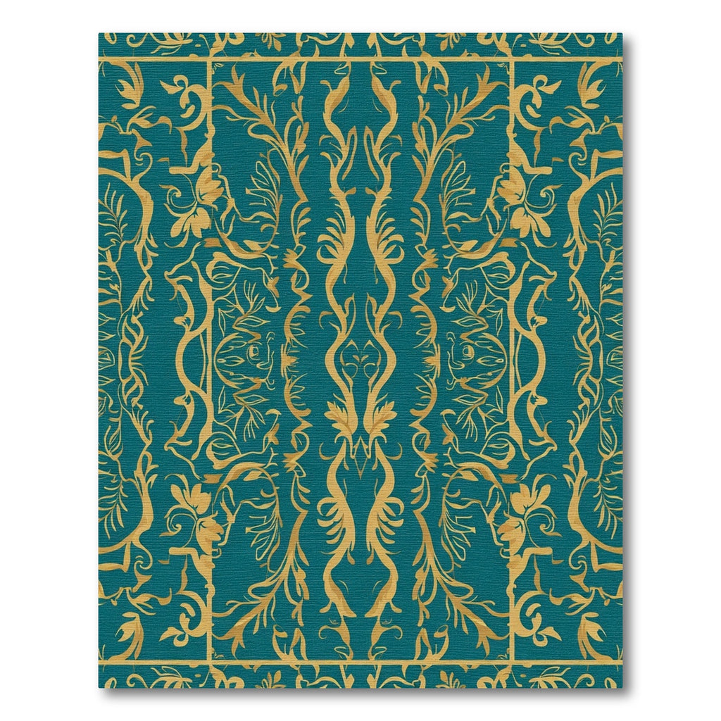 Golden Teal Floral Damask Rug