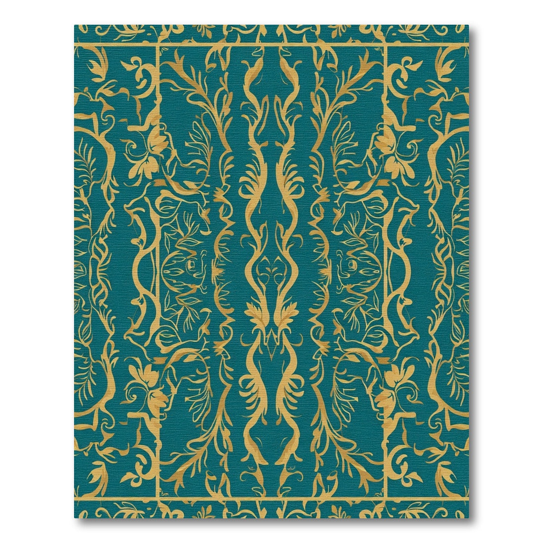 Golden Teal Floral Damask Rug