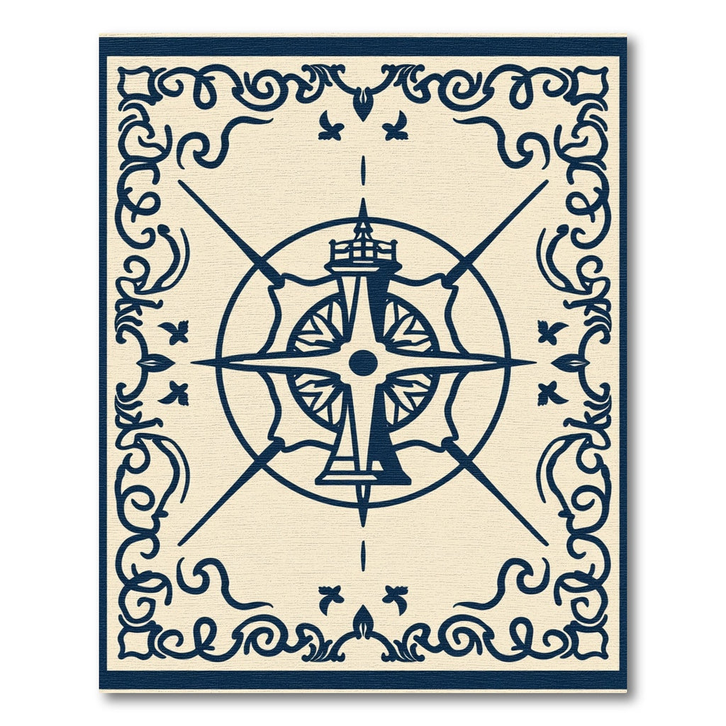 Navy Compass Rose Scrollwork Medallion Rug