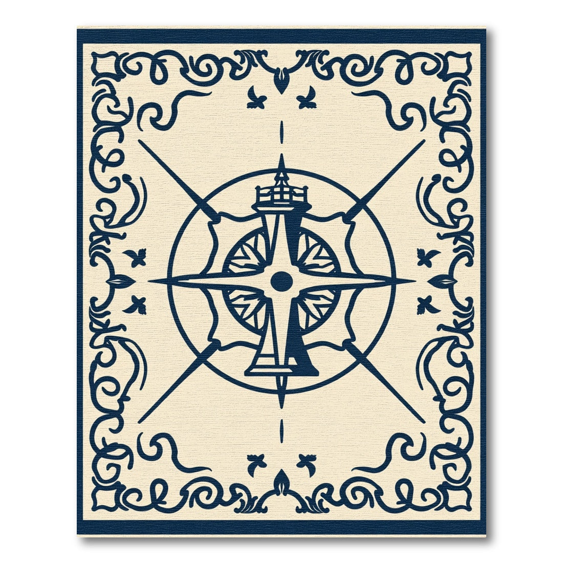 Navy Compass Rose Scrollwork Medallion Rug