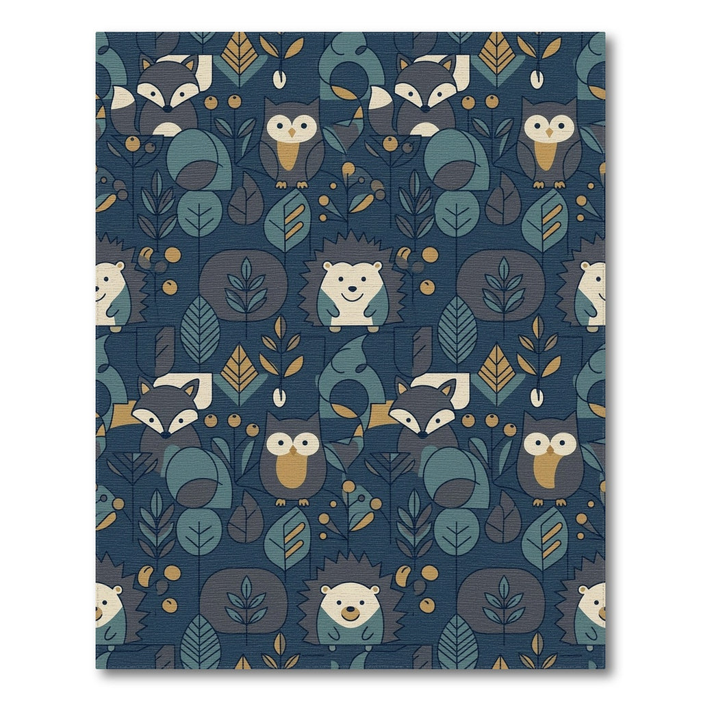 Woodland Creatures Navy Forest Scene Rug