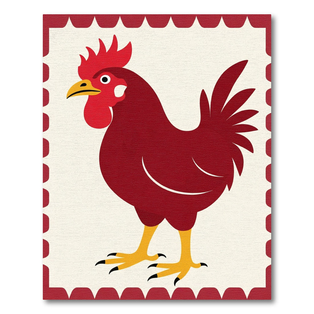 Crimson Rooster Folk Art Rug
