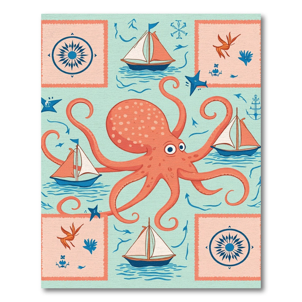 Coral Octopus Sailboat Compass Sea Rug