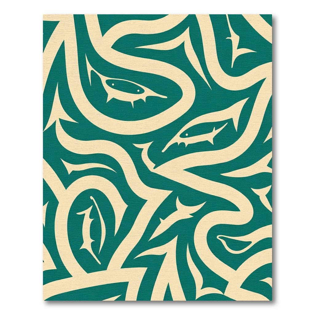 Teal Beige Tribal Fish Flow Rug