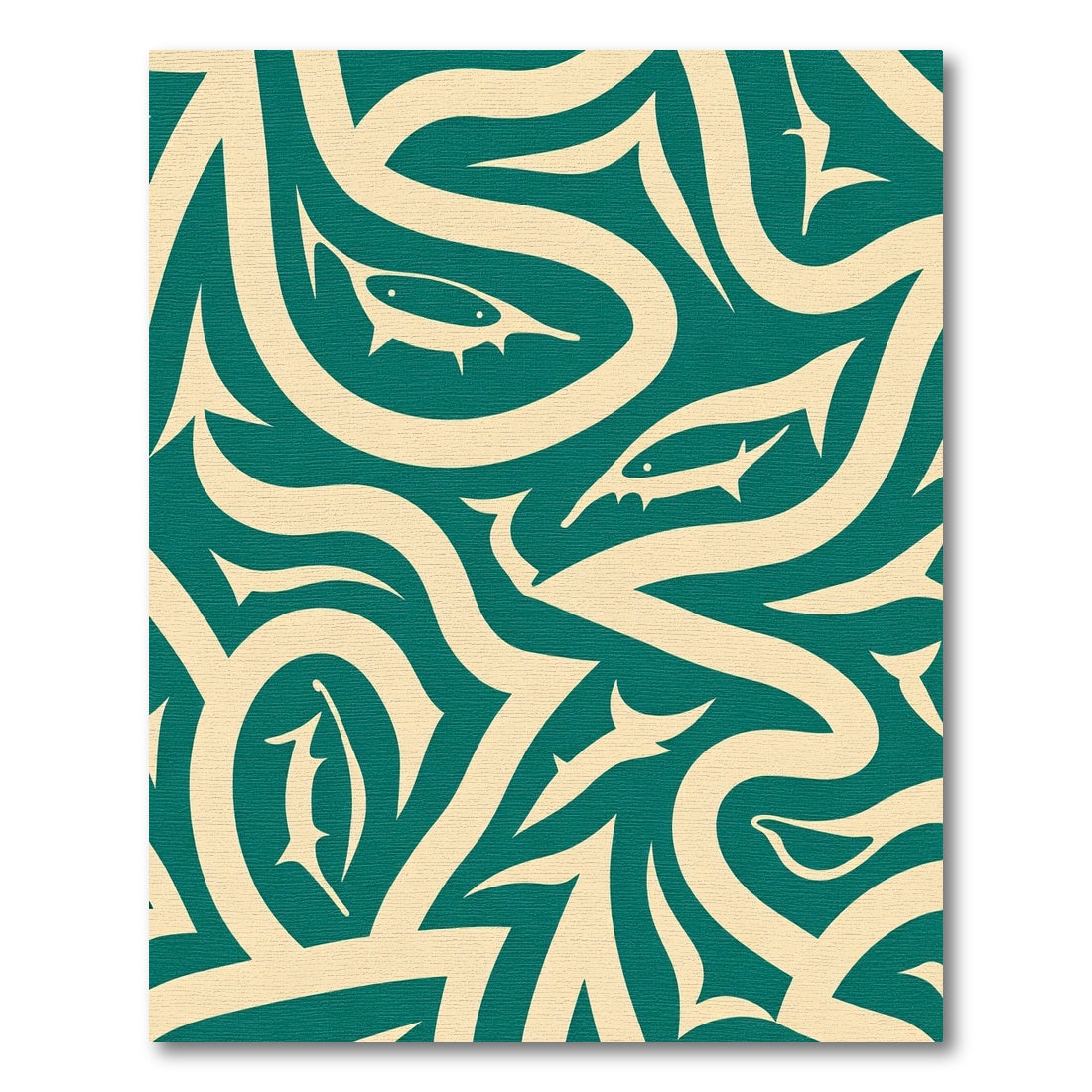 Teal Beige Tribal Fish Flow Rug