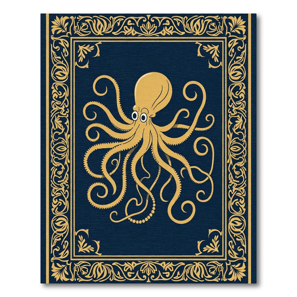 Golden Octopus Navy Ornate Border Rug