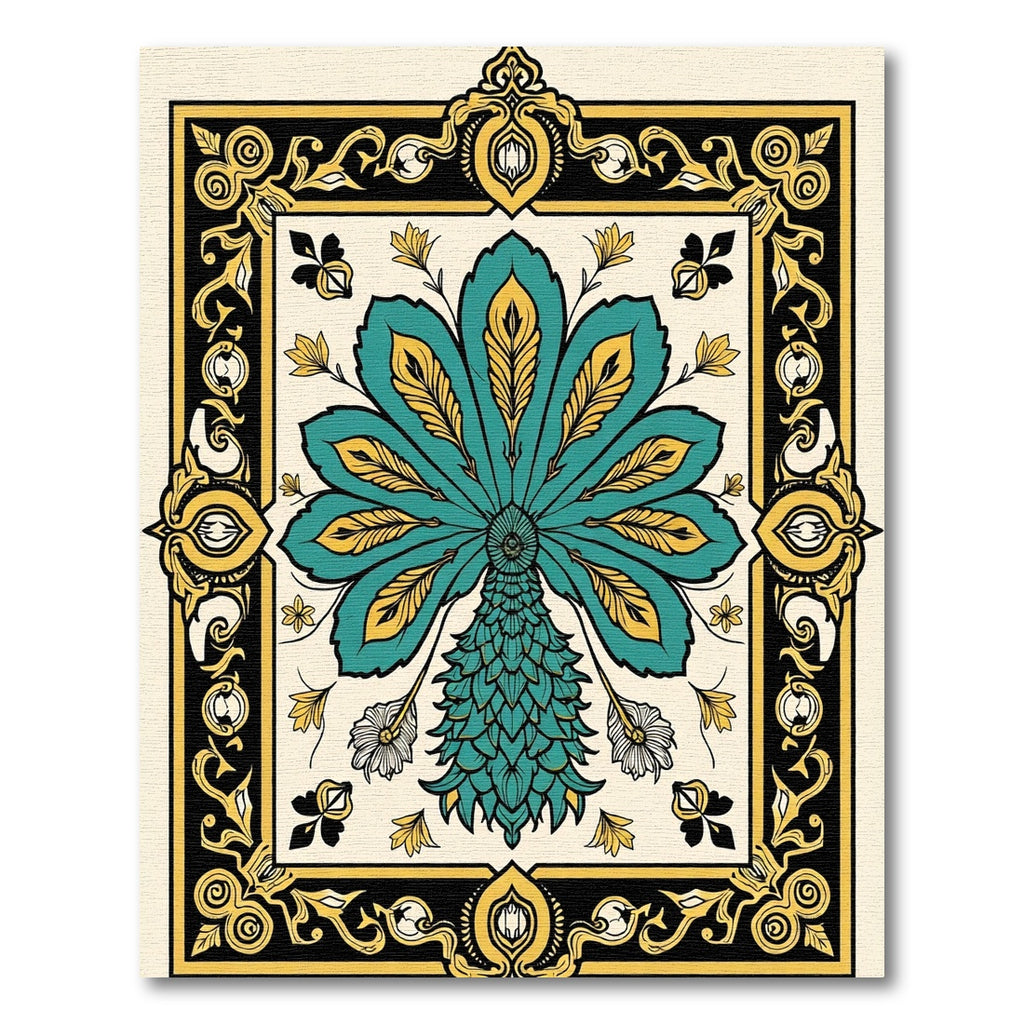 Teal Gold Elaborate Peacock Medallion Rug