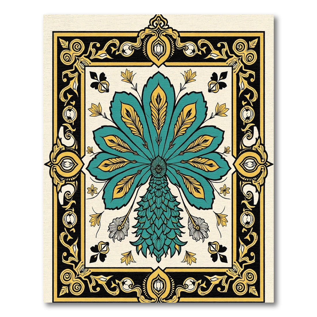 Teal Gold Elaborate Peacock Medallion Rug