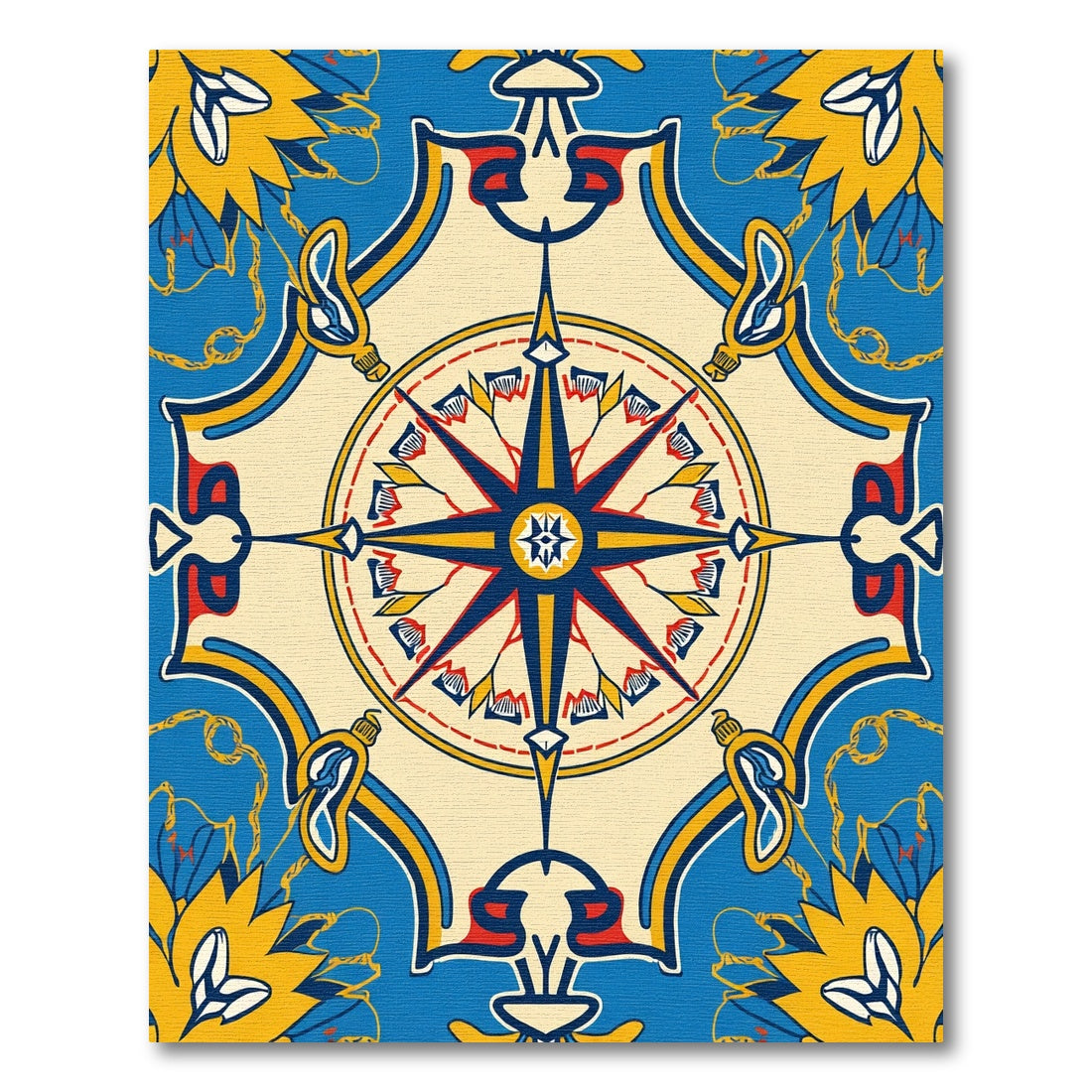Naval Blue Yellow Blossom Compass Rug