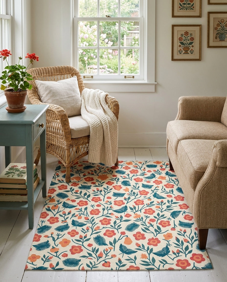Retro Coral And Teal Floral Meadow Rug