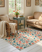 Retro Coral And Teal Floral Meadow Rug