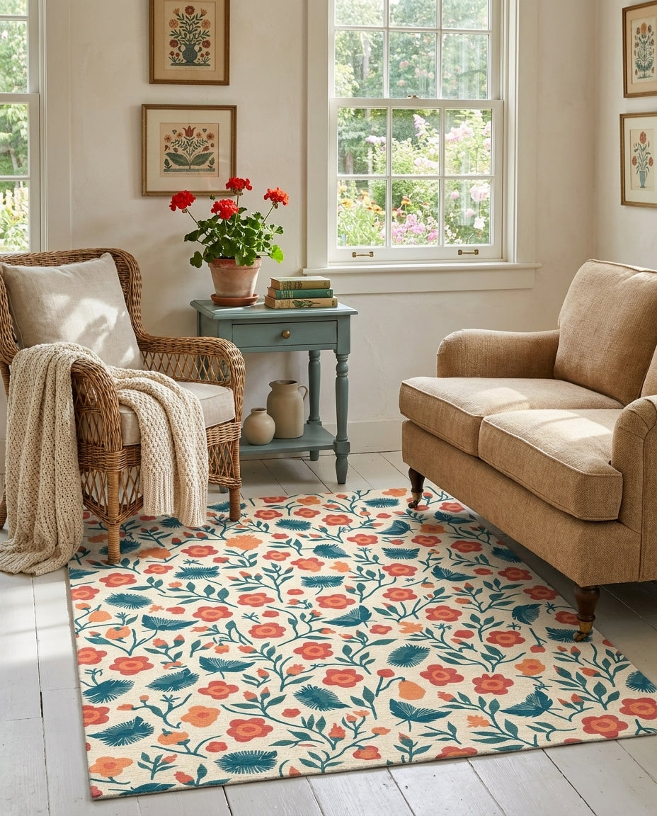 Retro Coral And Teal Floral Meadow Rug