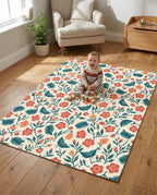 Retro Coral And Teal Floral Meadow Rug
