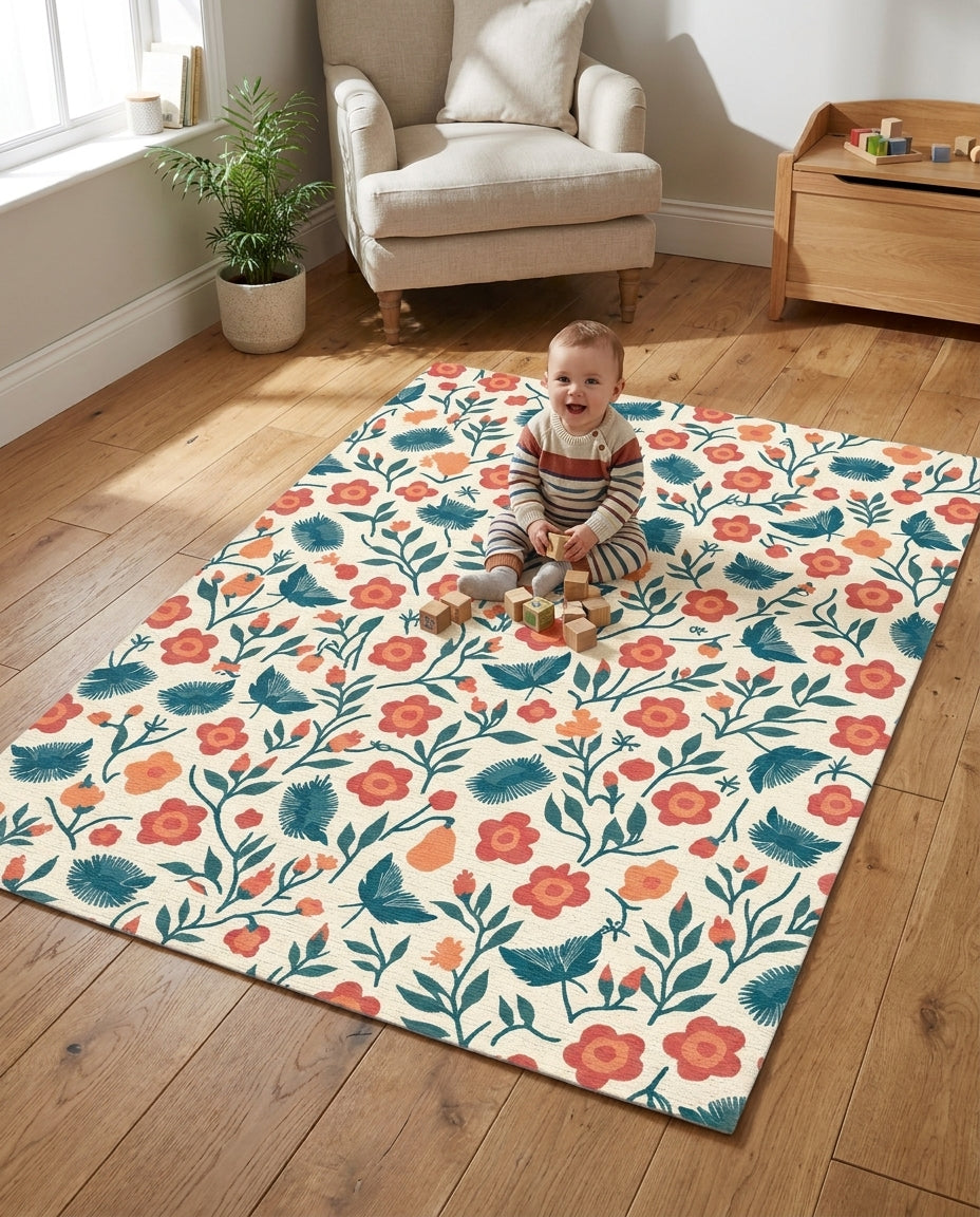 Retro Coral And Teal Floral Meadow Rug