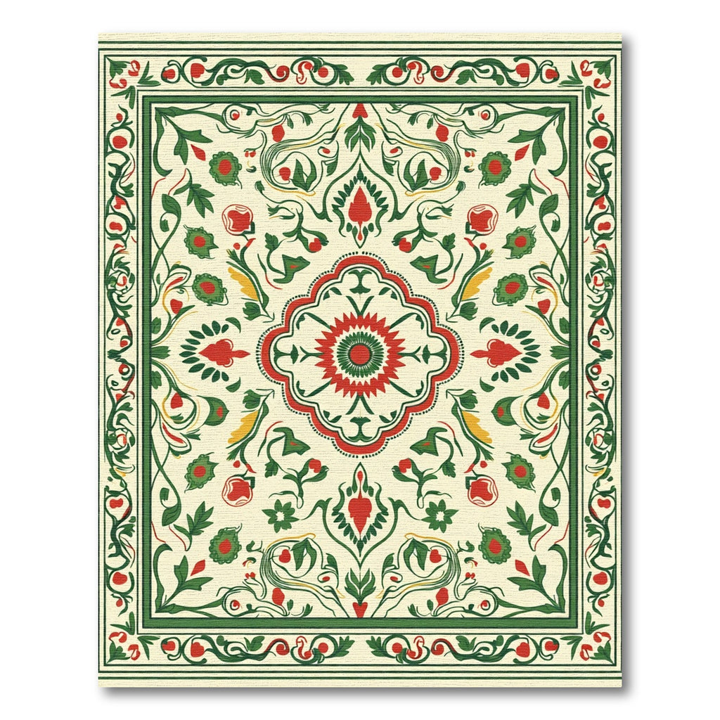 Ivory Cream Red Green Floral Scroll Rug