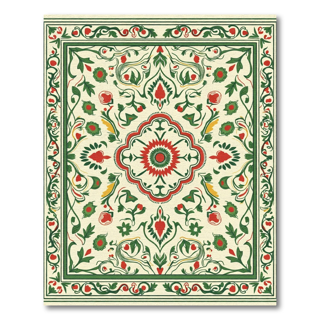 Ivory Cream Red Green Floral Scroll Rug