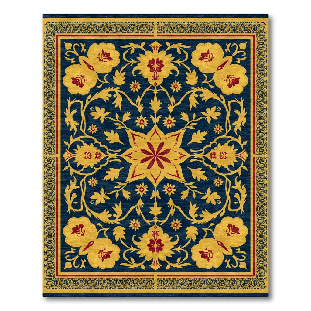 Deep Blue Golden Floral Blossom Medallion Rug