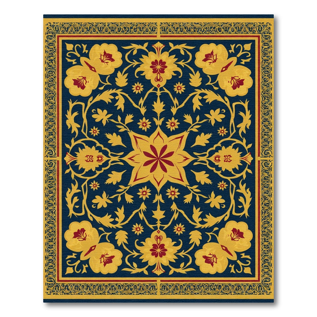 Deep Blue Golden Floral Blossom Medallion Rug