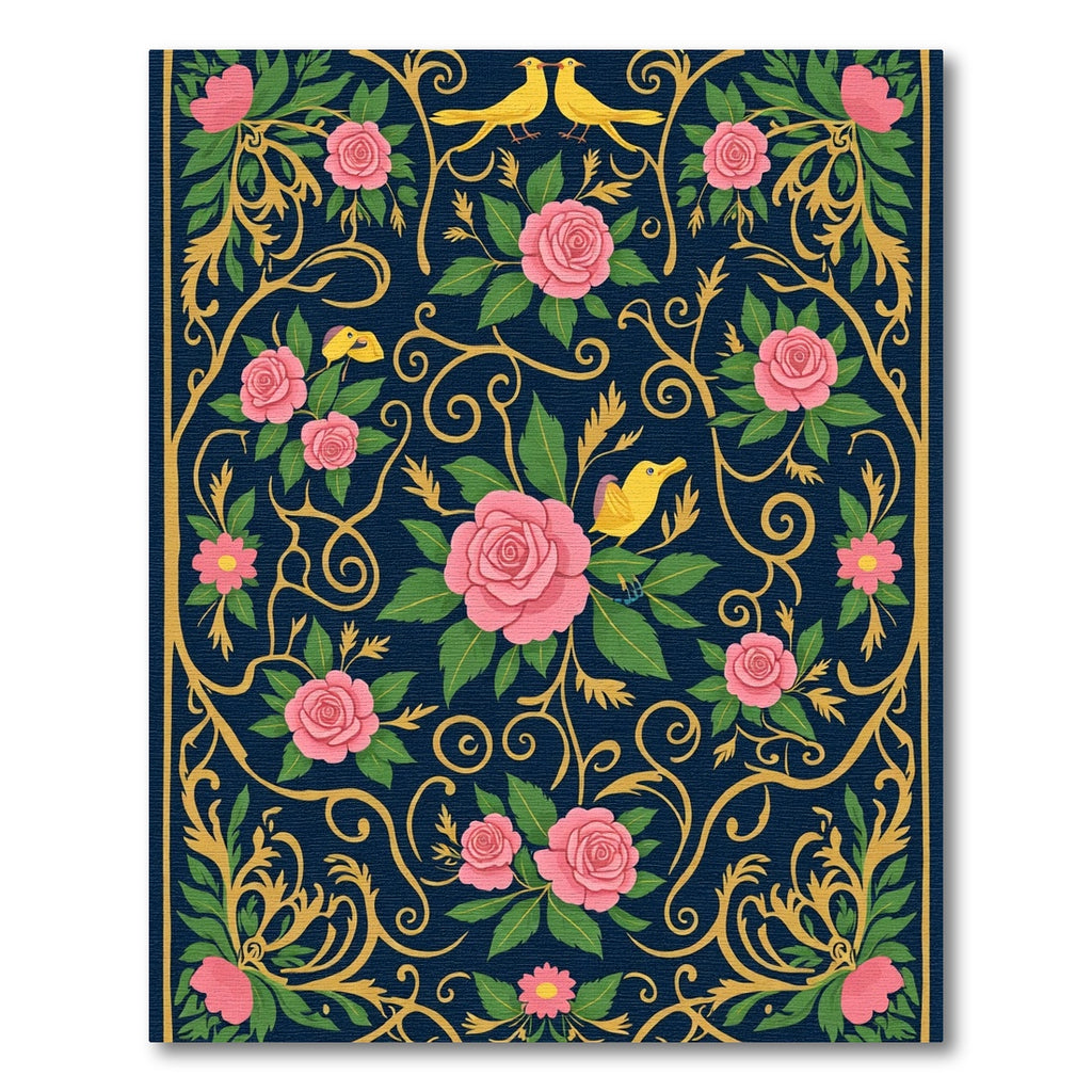 Navy Pink Floral Bird Garden Art Rug