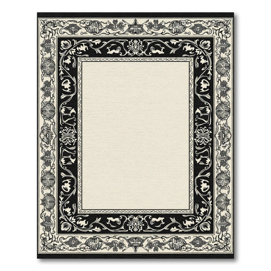 Ornate Black Cream Floral Scroll Border Rug