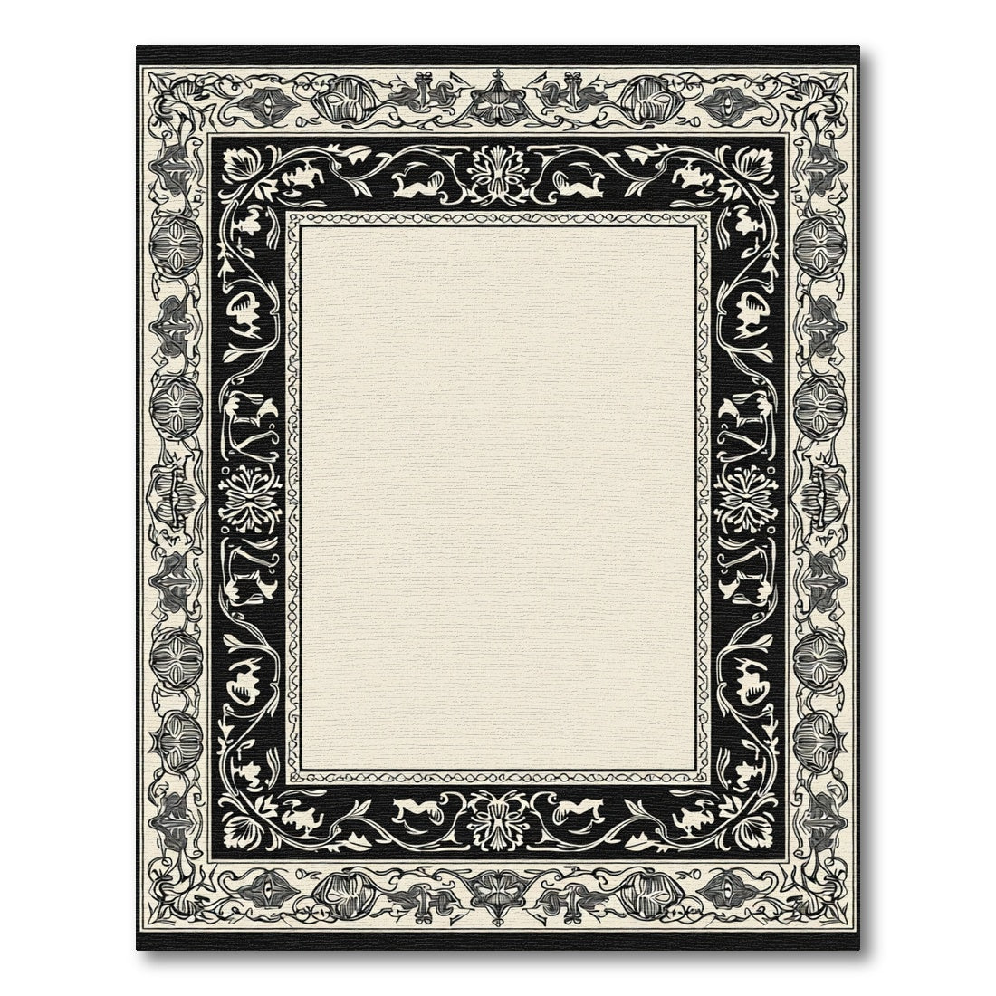 Ornate Black Cream Floral Scroll Border Rug