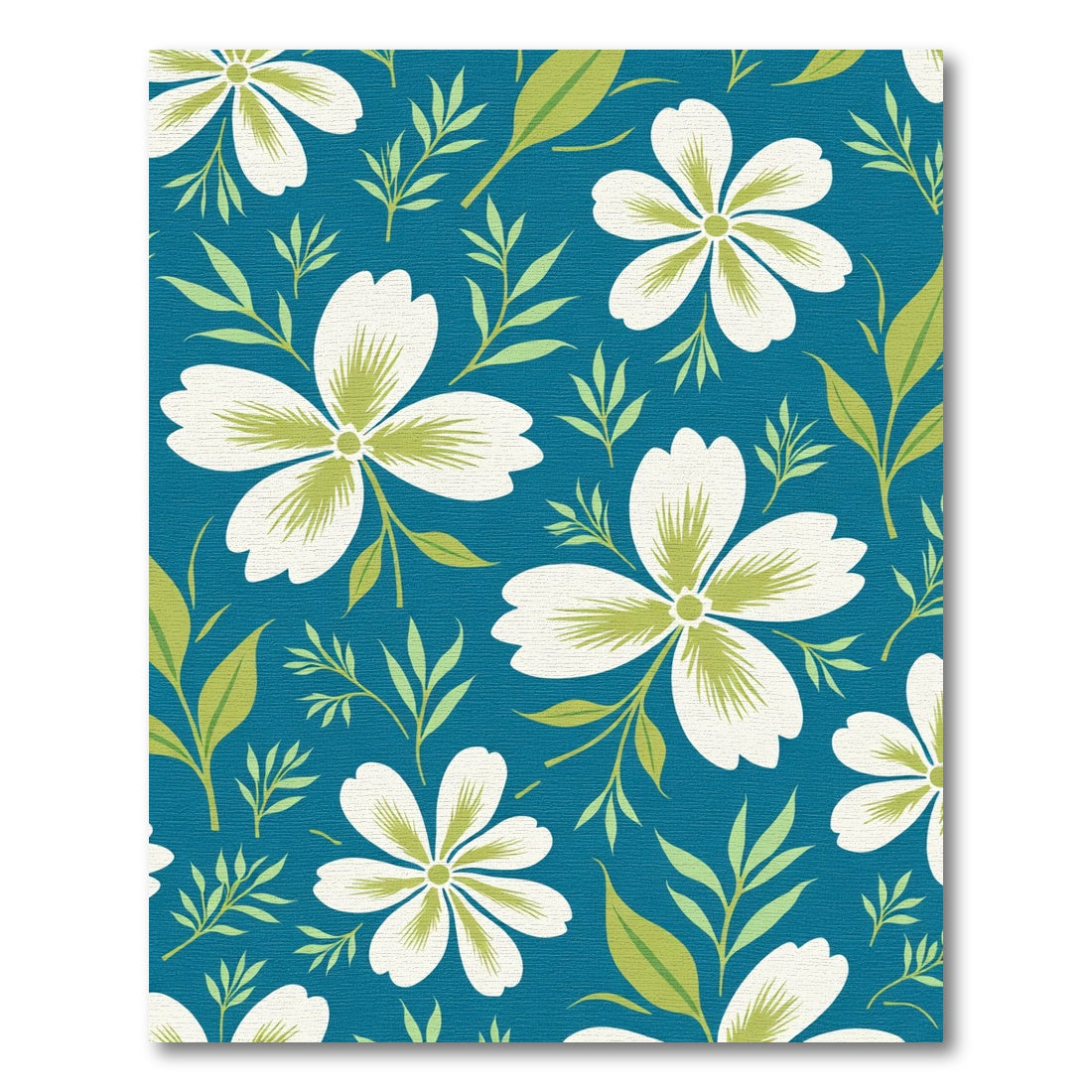 White Bloom Green Leaf Teal Background Rug
