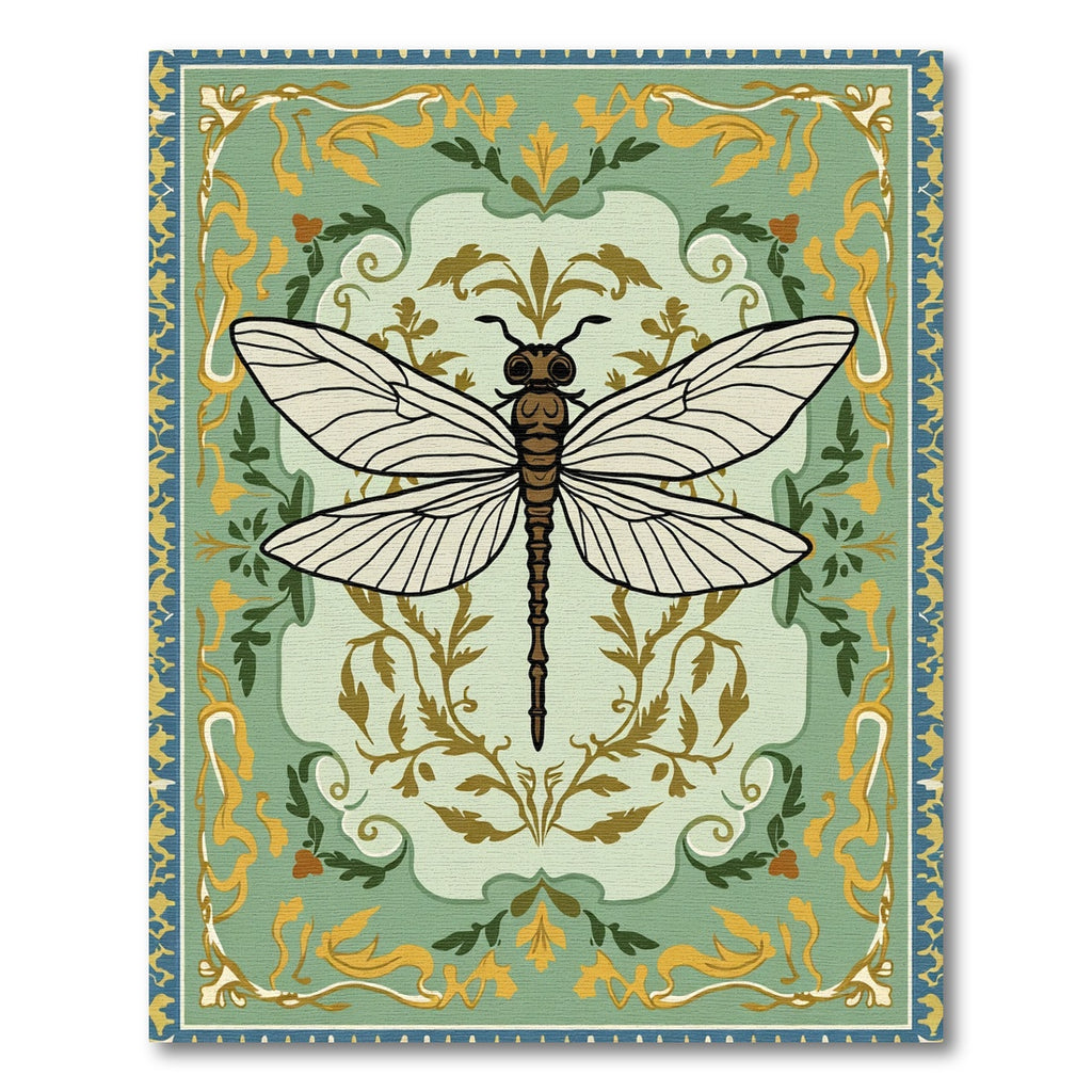 Emerald Dragonfly Floral Scroll Rug