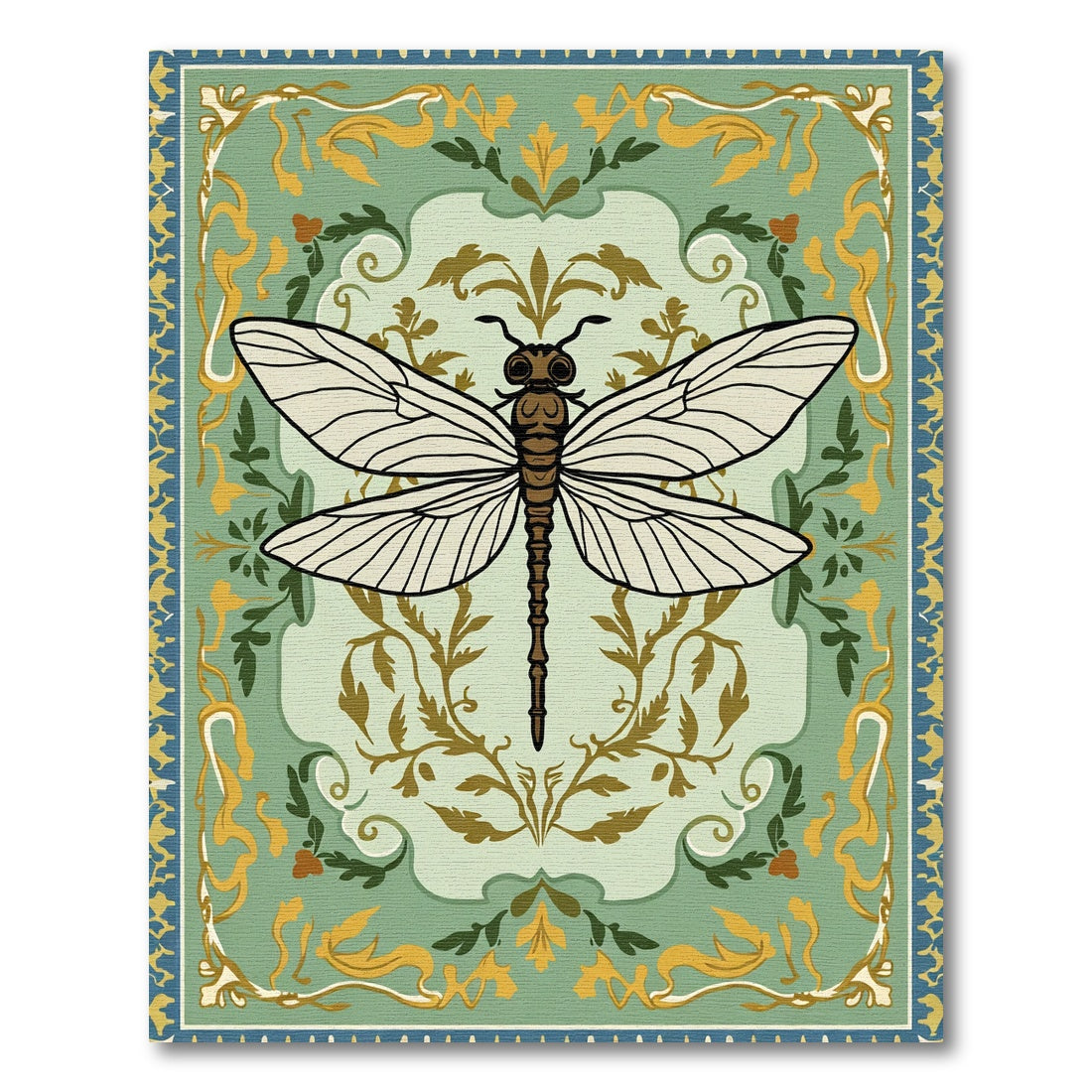Emerald Dragonfly Floral Scroll Rug