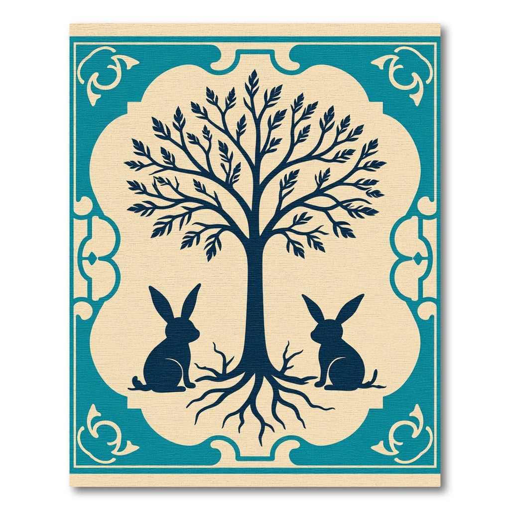 Navy Blue Tree With Rabbits Border Rug