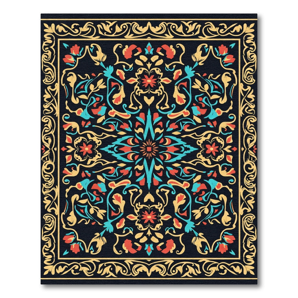 Golden Filigree Teal Coral Floral Scroll Rug