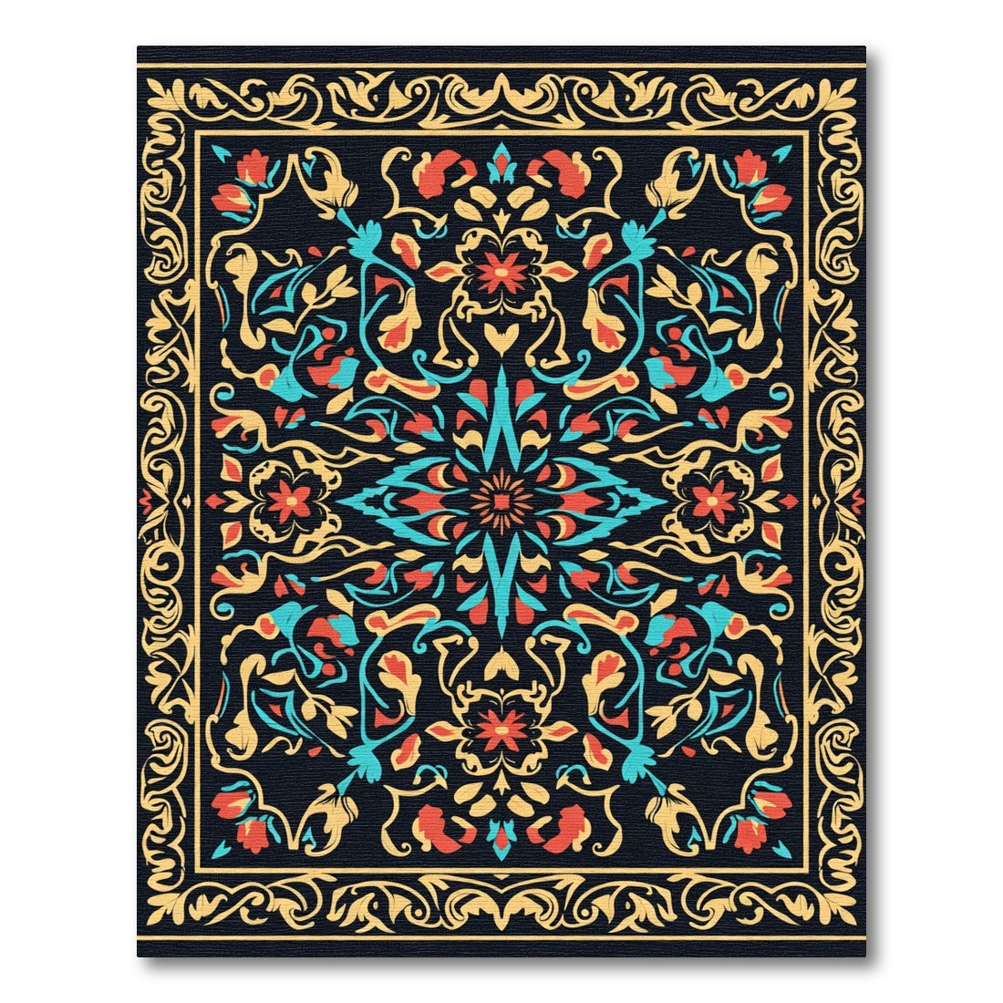 Golden Filigree Teal Coral Floral Scroll Rug