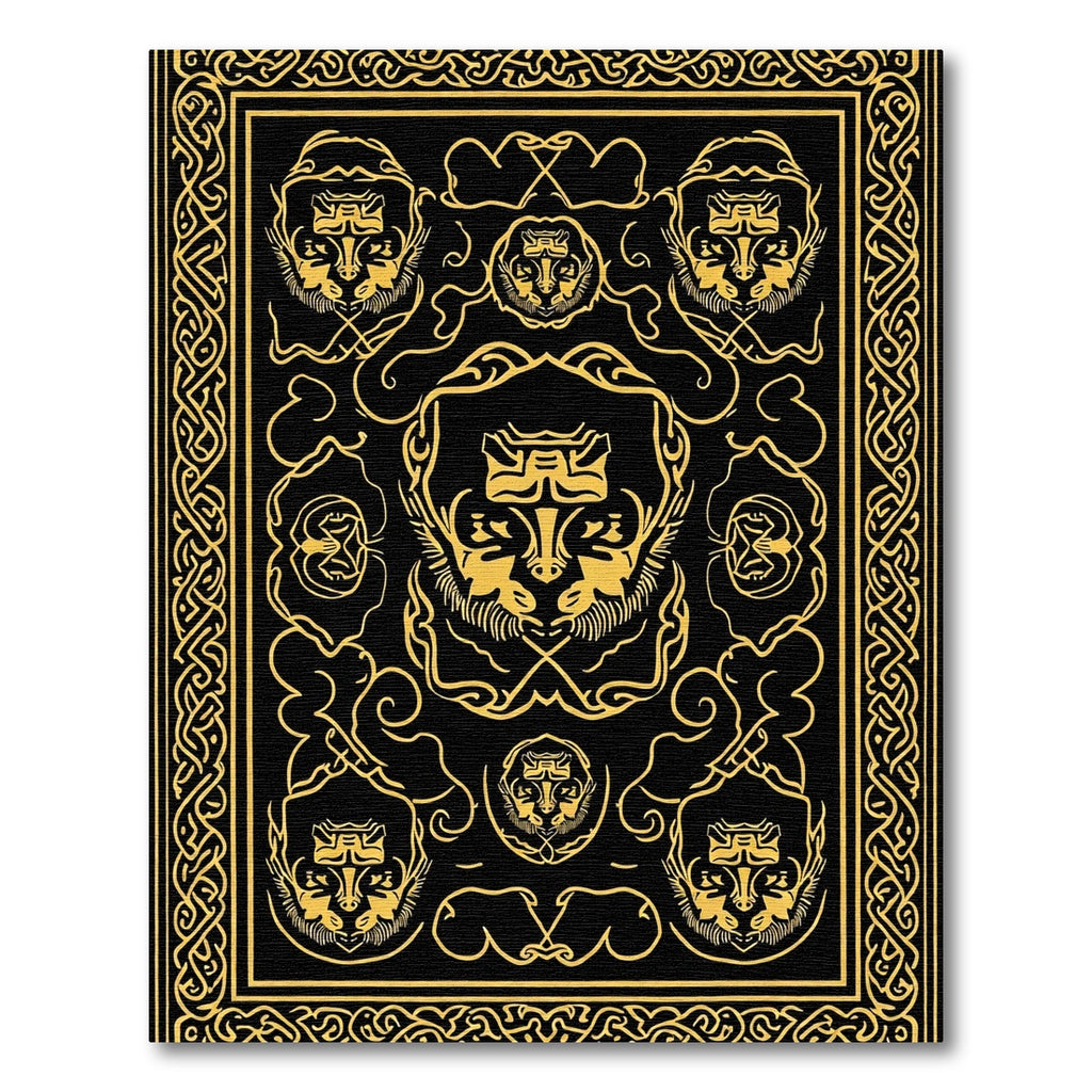 Black Gold Lion Head Heraldic Border Rug
