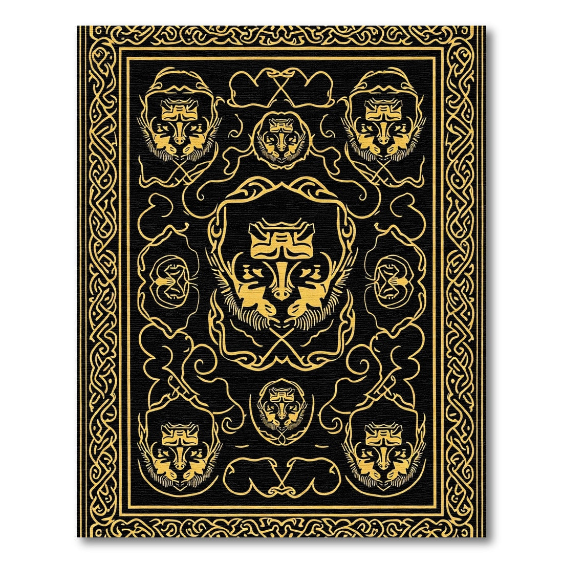 Black Gold Lion Head Heraldic Border Rug