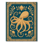 Golden Octopus Teal Floral Border Rug