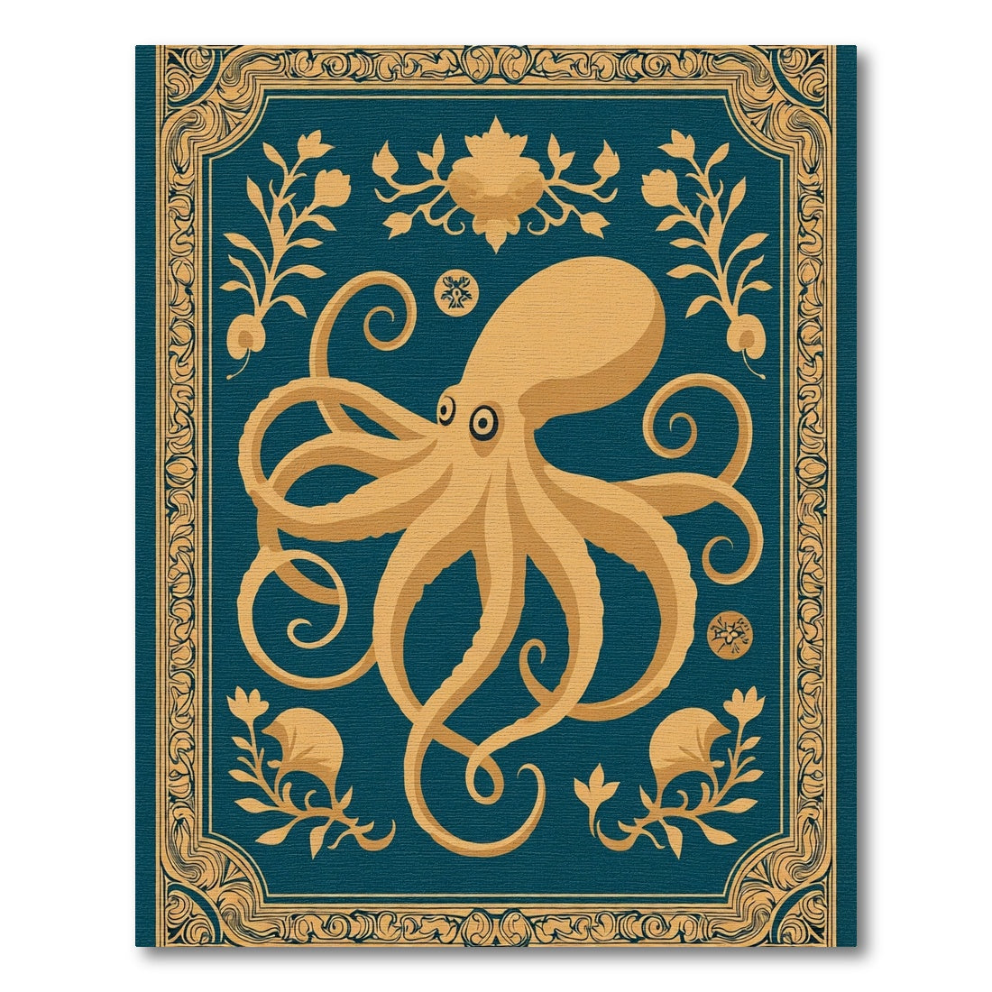 Golden Octopus Teal Floral Border Rug