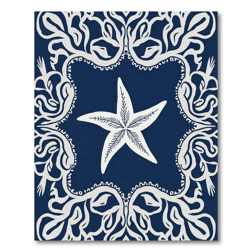 Navy Blue White Starfish Border Rug