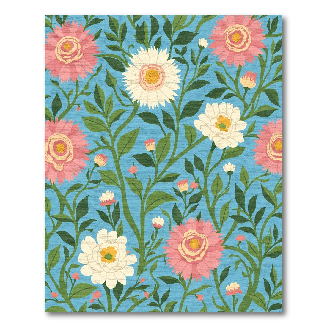 Pink White Floral Garden Blue Background Rug