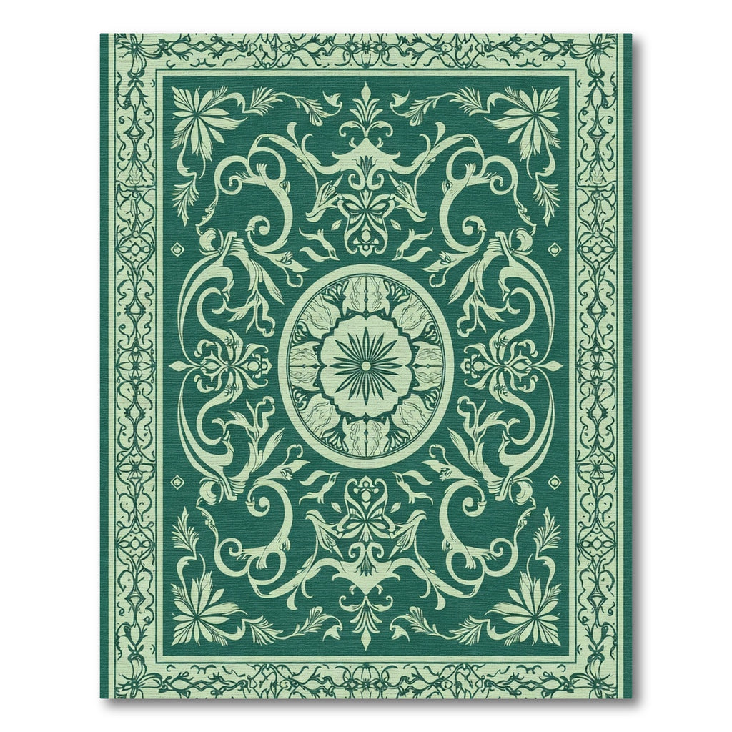 Emerald Green Floral Scroll Medallion Rug