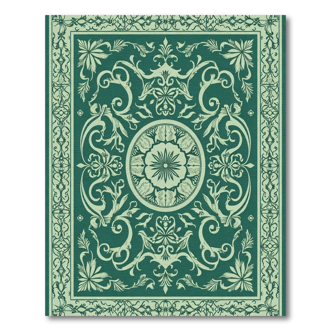Emerald Green Floral Scroll Medallion Rug