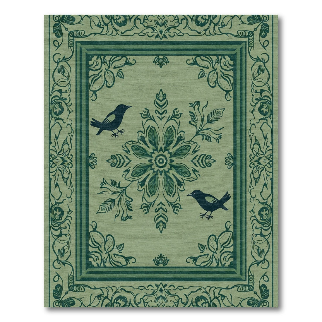 Sage Green Bird Floral Medallion Rug