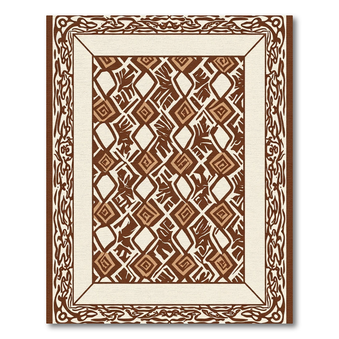 Brown Diamond and Leaf Interlocking Pattern Rug