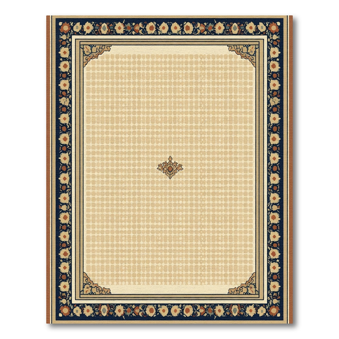 Crimson Navy Floral Border Medallion Rug