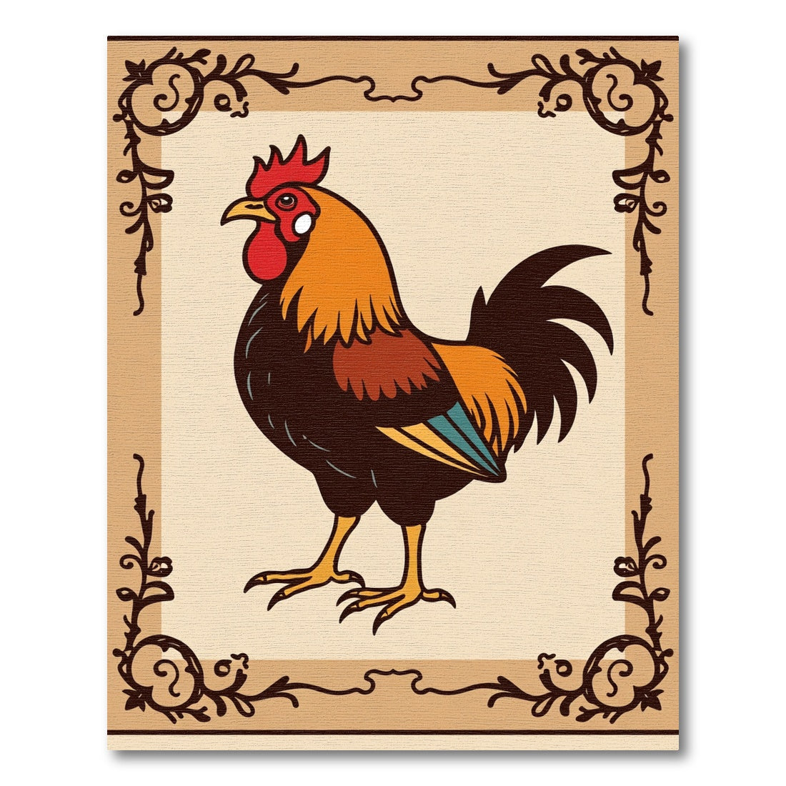 Vintage Rooster Folk Art Border Rug